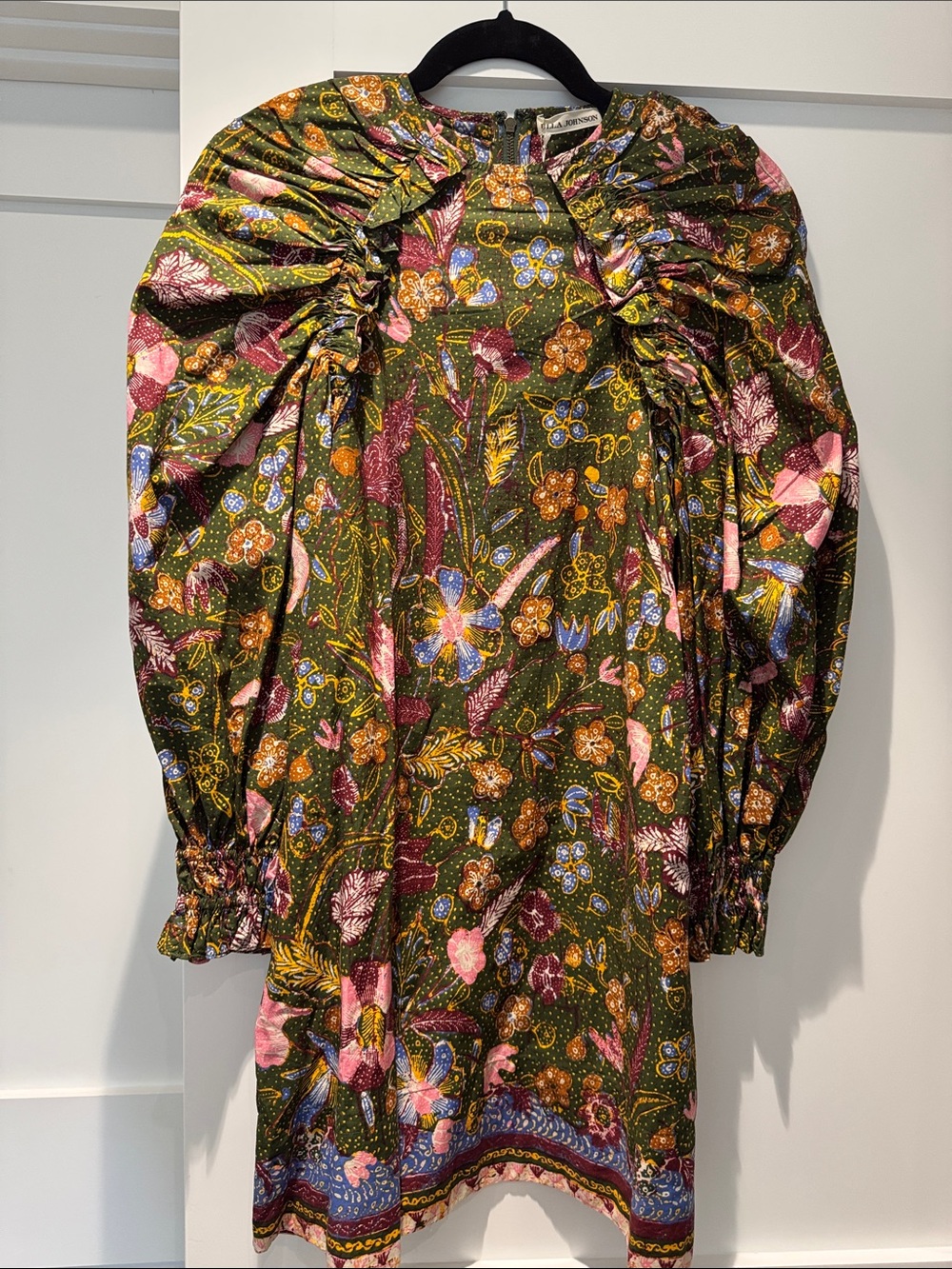 Ulla Johnson Olive Green Floral Puff-Sleeve Dress